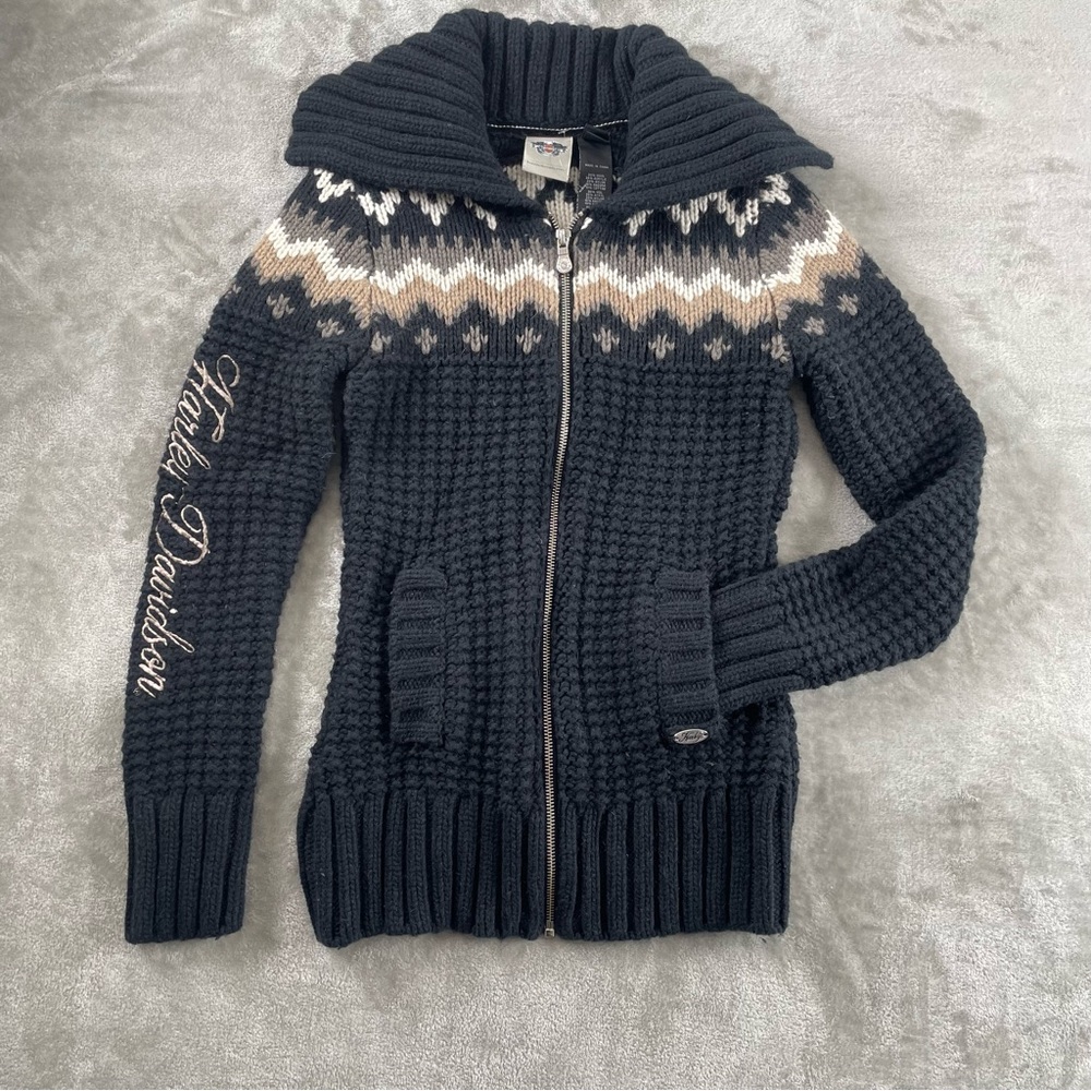 Harley-Davidson Black Zip-Up Knit Logo Sweater Women’s XS